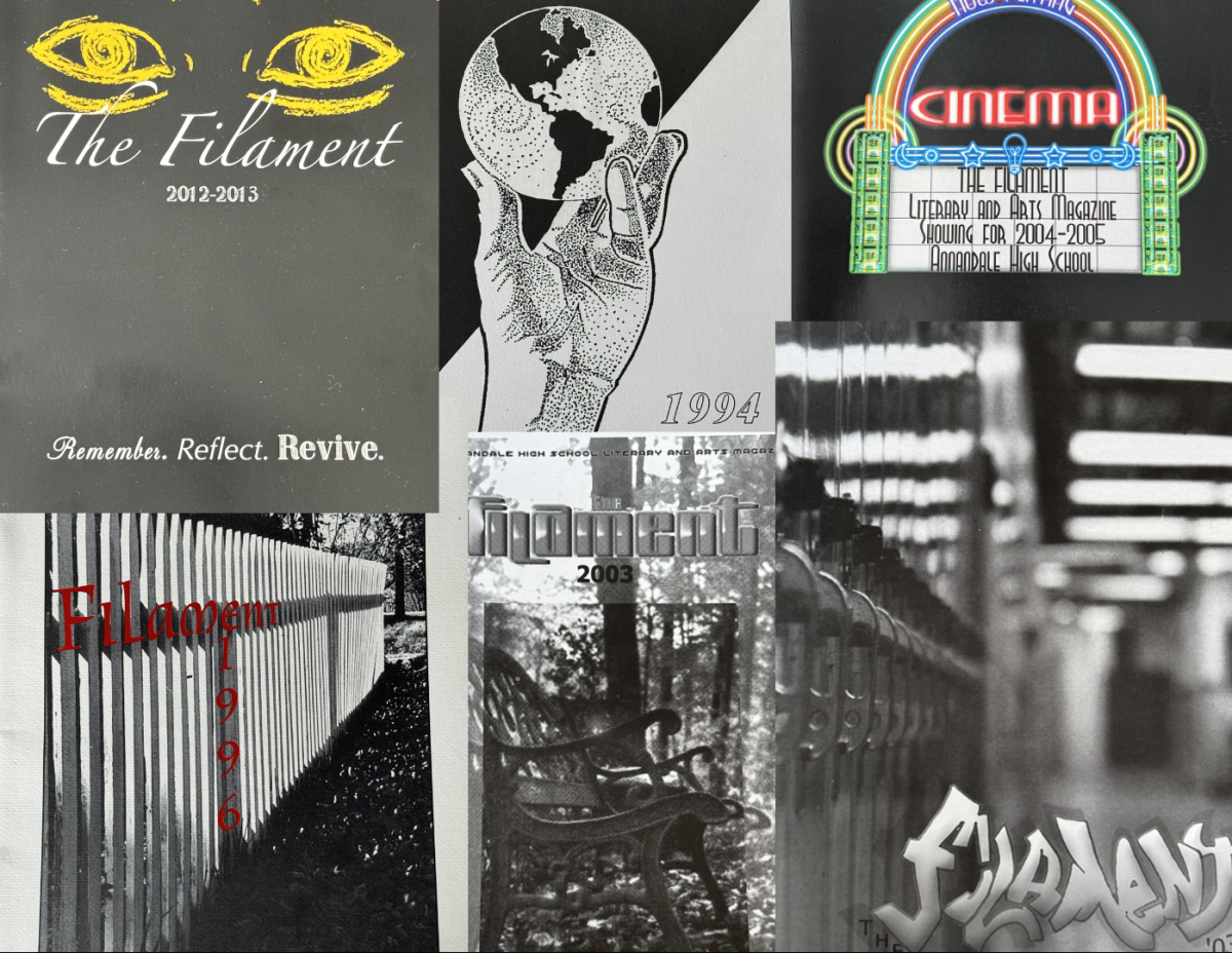 A collage showcasing a collection of previous editions of the Filament magazine, from 1994, 1996, 2003, 2004, 2007, and 2012. 