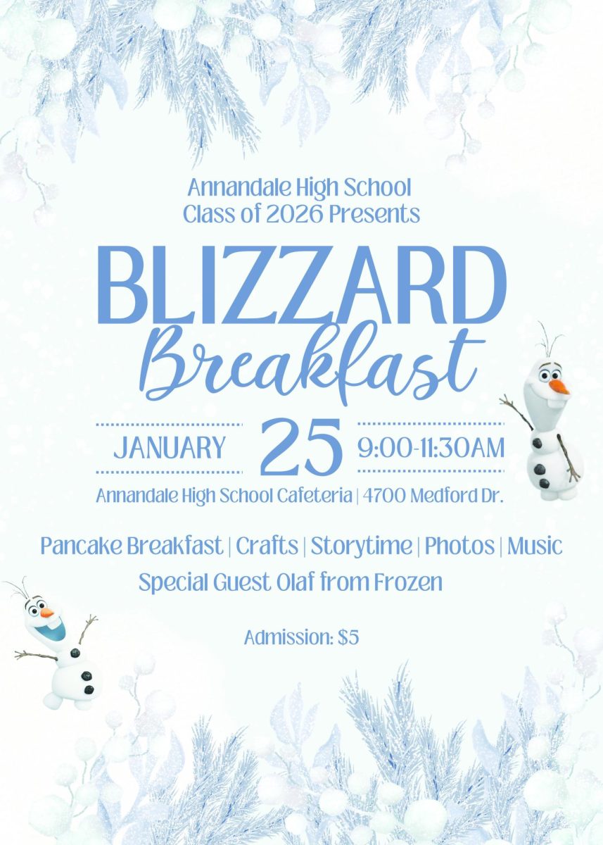 The flyer for the class of 2026 Blizzard Breakfast fundraiser details event activities. 