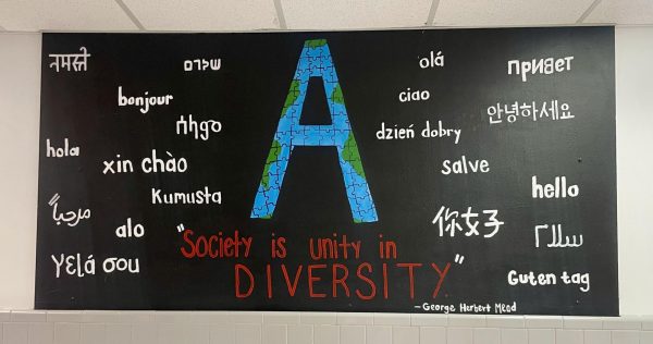 A vibrant mural celebrating diversity, featuring writings in multiple languages, highlights the unity of cultures within AHS  community.